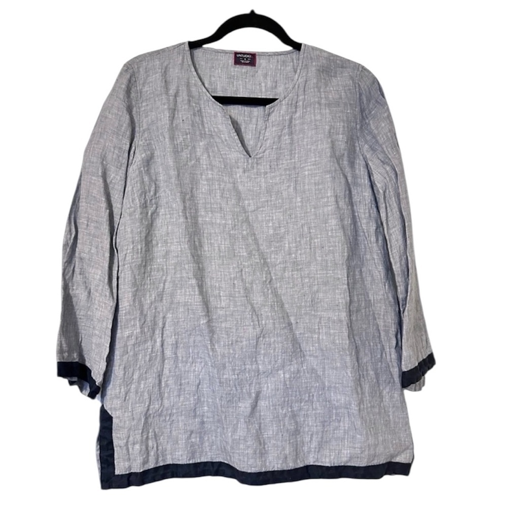 UNTUCKit Linen Chambray Contrast Trim Tunic Top Womens 10 Long Sleeve Blue